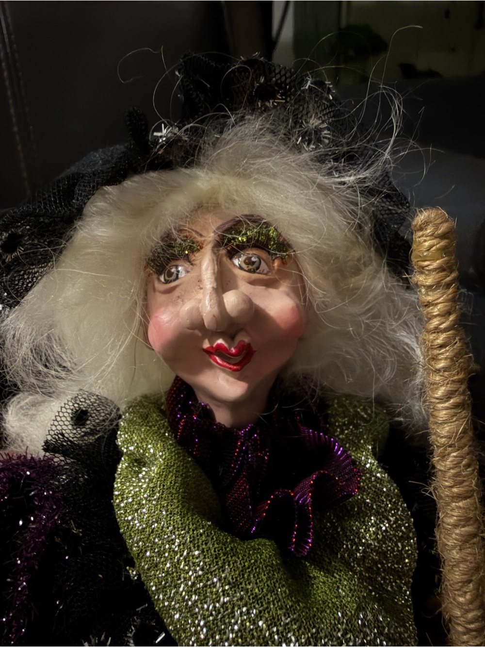 Handcrafted Witch Figurine with Broom - Purple, Orange, Decorative Home Accents - Picture 2 of 8